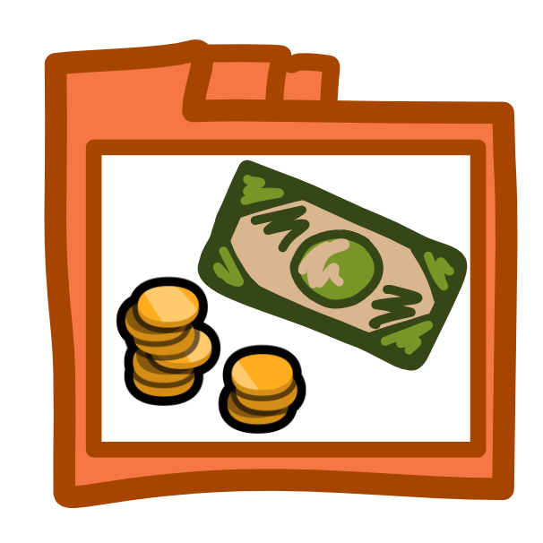 An orange file folder with 3 tabs across the top has a white rectangle on its front, inside the rectangle is a blank green dollar bill, with a stack of gold coins below it to the left.